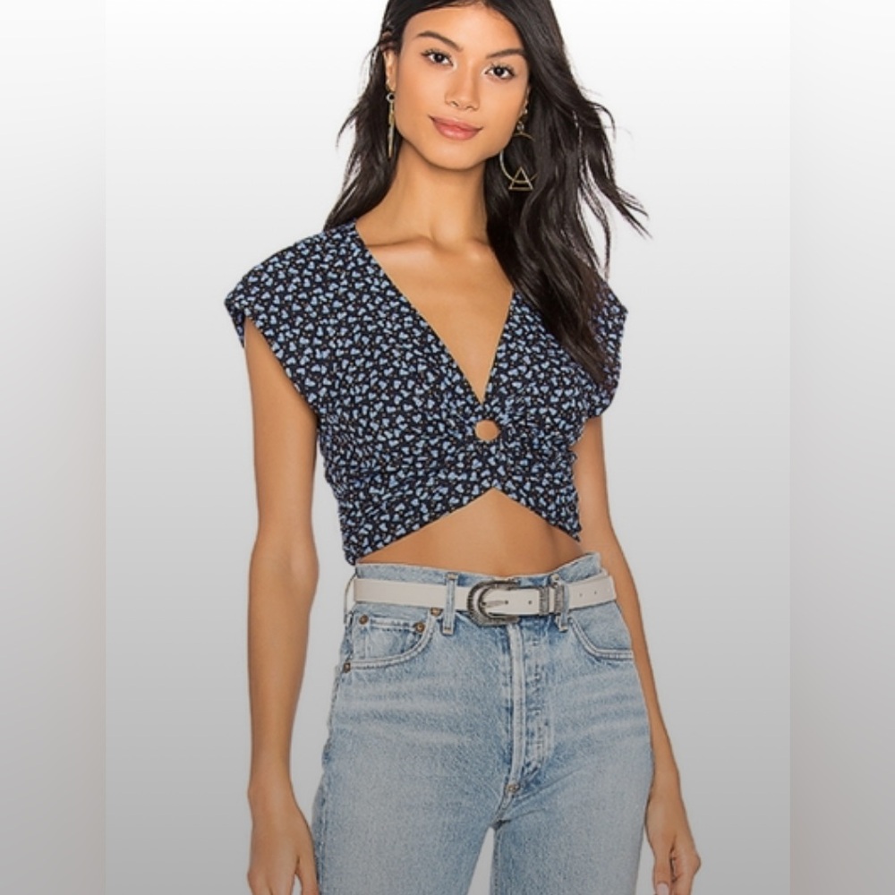 Free People Havana Honey Blue Twist Front Linen Crop Top Small Boho Festival EUC
